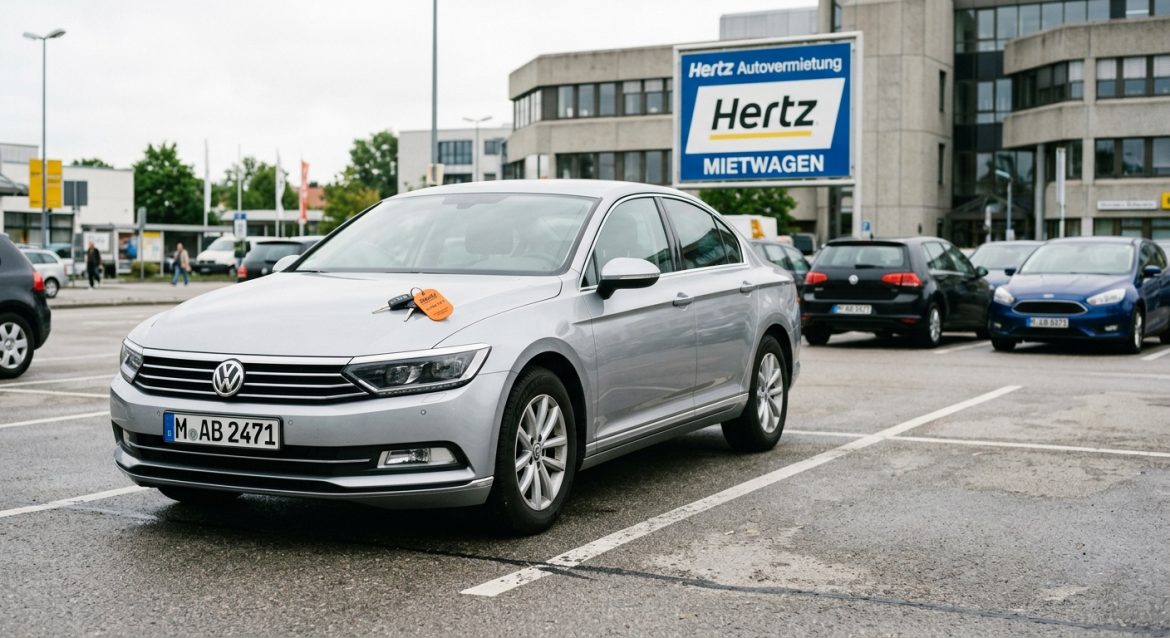 Silberner Mietwagen auf dem Parkplatz einer Autovermietung – Langzeitmiete ab 28 Tagen