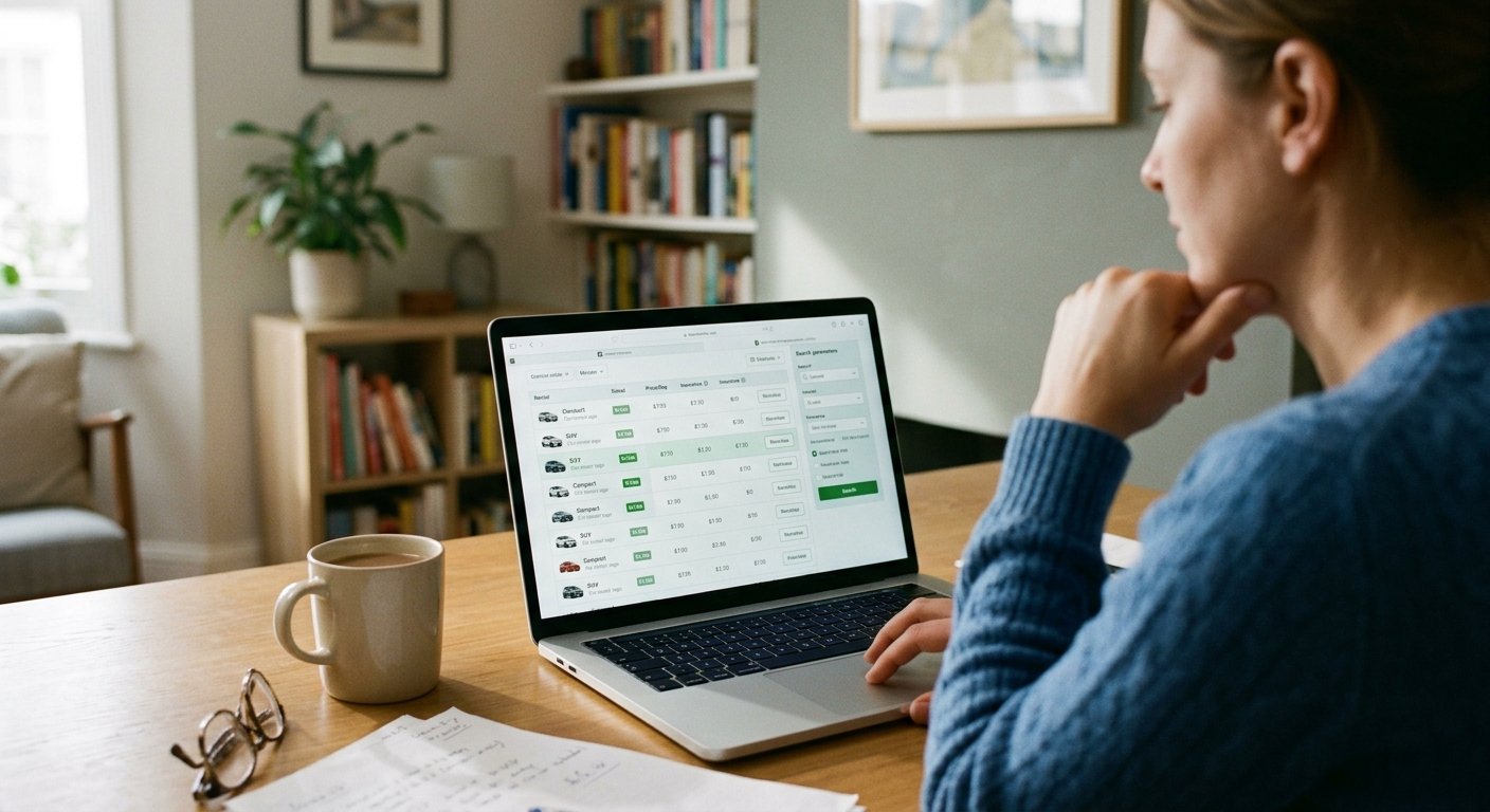 Person vergleicht Langzeitmiet-Angebote und Preise auf dem Laptop