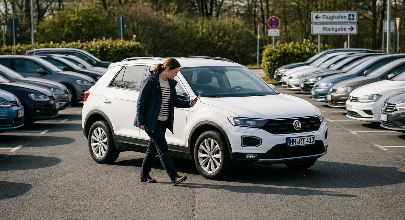 Frau inspiziert Mietwagen bei der Rückgabe nach Langzeitmiete auf dem Parkplatz
