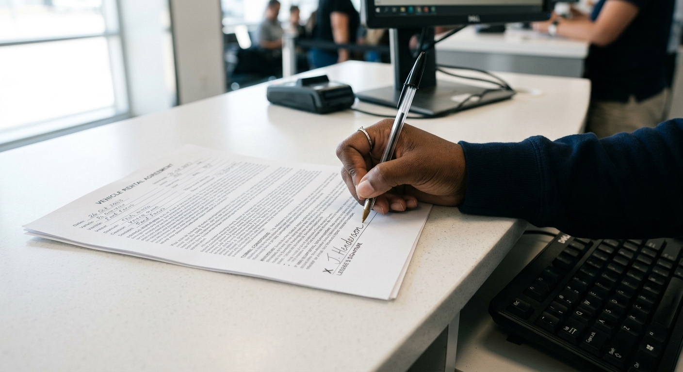 Person unterschreibt Mietvertrag am Schalter einer Autovermietung beim Mietwagen-Preisvergleich