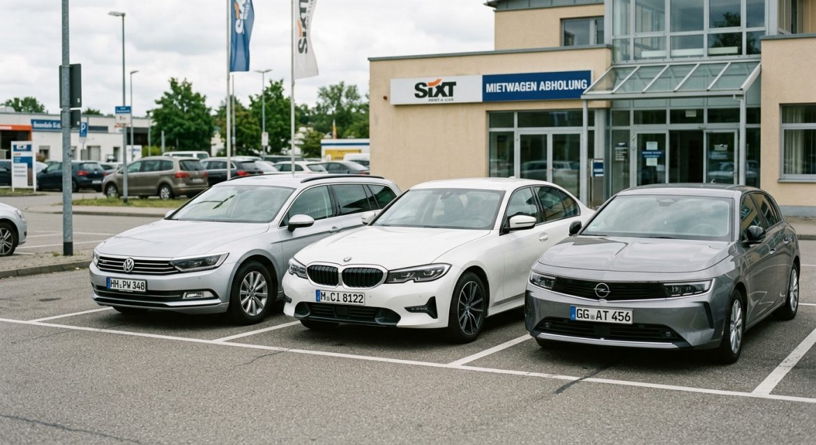 Verschiedene Mietwagen an einer deutschen Autovermietung – Anbieter-Vergleich für die richtige Wahl