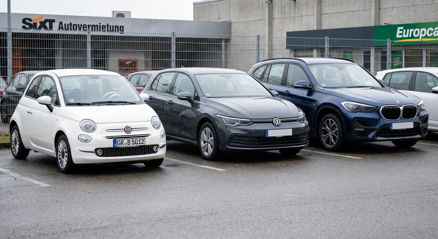 Drei Mietwagen nebeneinander auf einem Parkplatz: Fiat 500, VW Golf und BMW X1 zeigen den Größenunterschied zwischen Economy, Kompakt und SUV