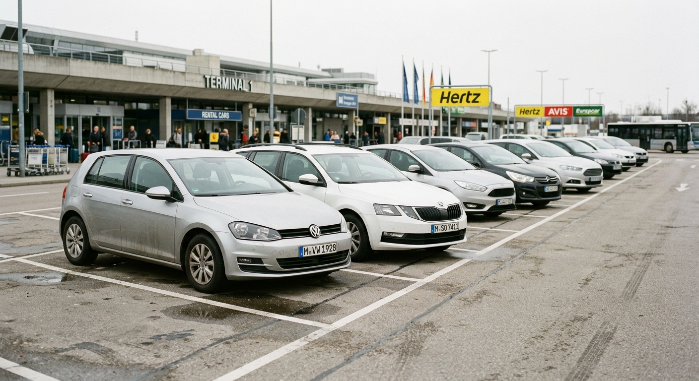 Mietwagen verschiedener Anbieter auf einem Flughafen-Parkplatz mit Hertz, Avis und Europcar Schildern im Hintergrund