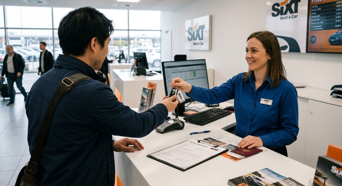 Schlüsselübergabe am Mietwagen-Schalter einer Autovermietung in Deutschland