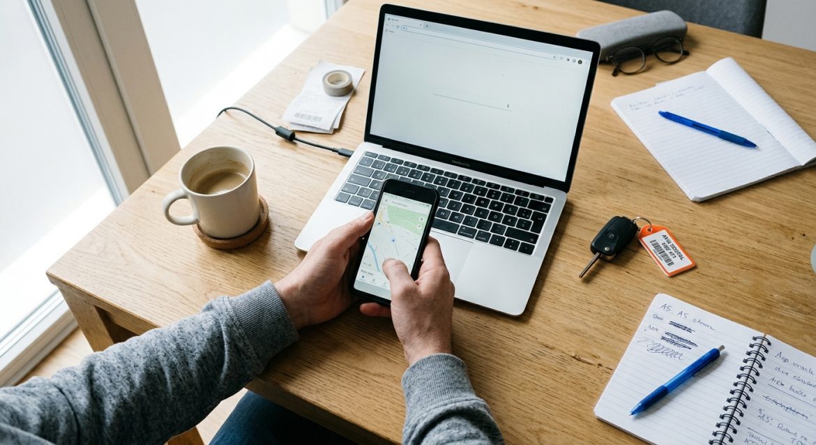 Mietwagen Preisvergleich: Hände halten Smartphone neben Laptop auf Schreibtisch mit Kaffeetasse und Autoschlüssel