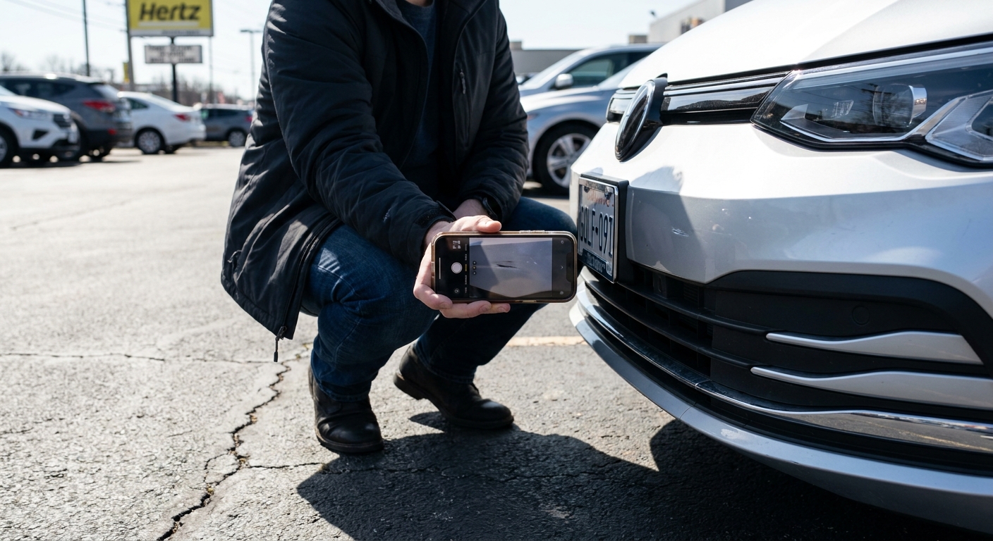 Person fotografiert einen Kratzer am Mietwagen-Stoßfänger mit dem Smartphone zur Schadensdokumentation