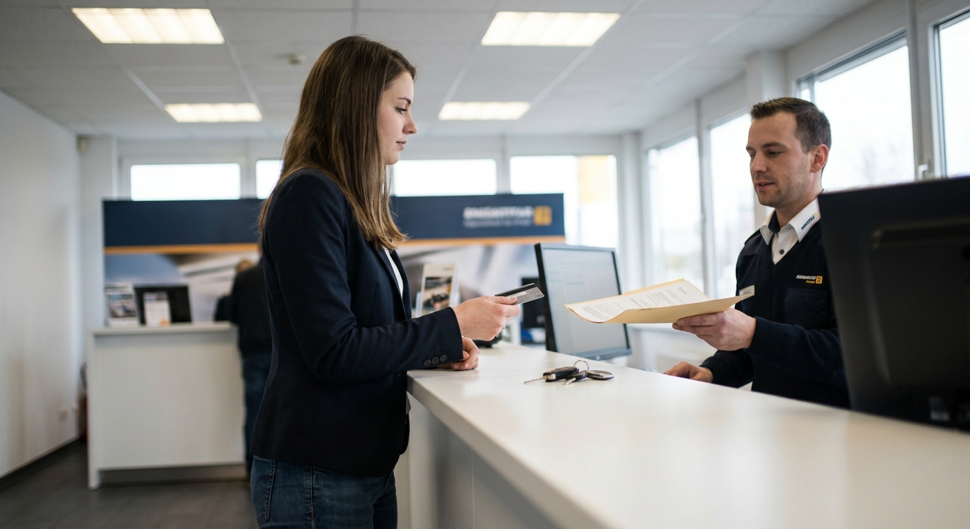 Kundin mit Kreditkarte am Mietwagen-Schalter, Mitarbeiter übergibt Mietvertrag und Autoschlüssel