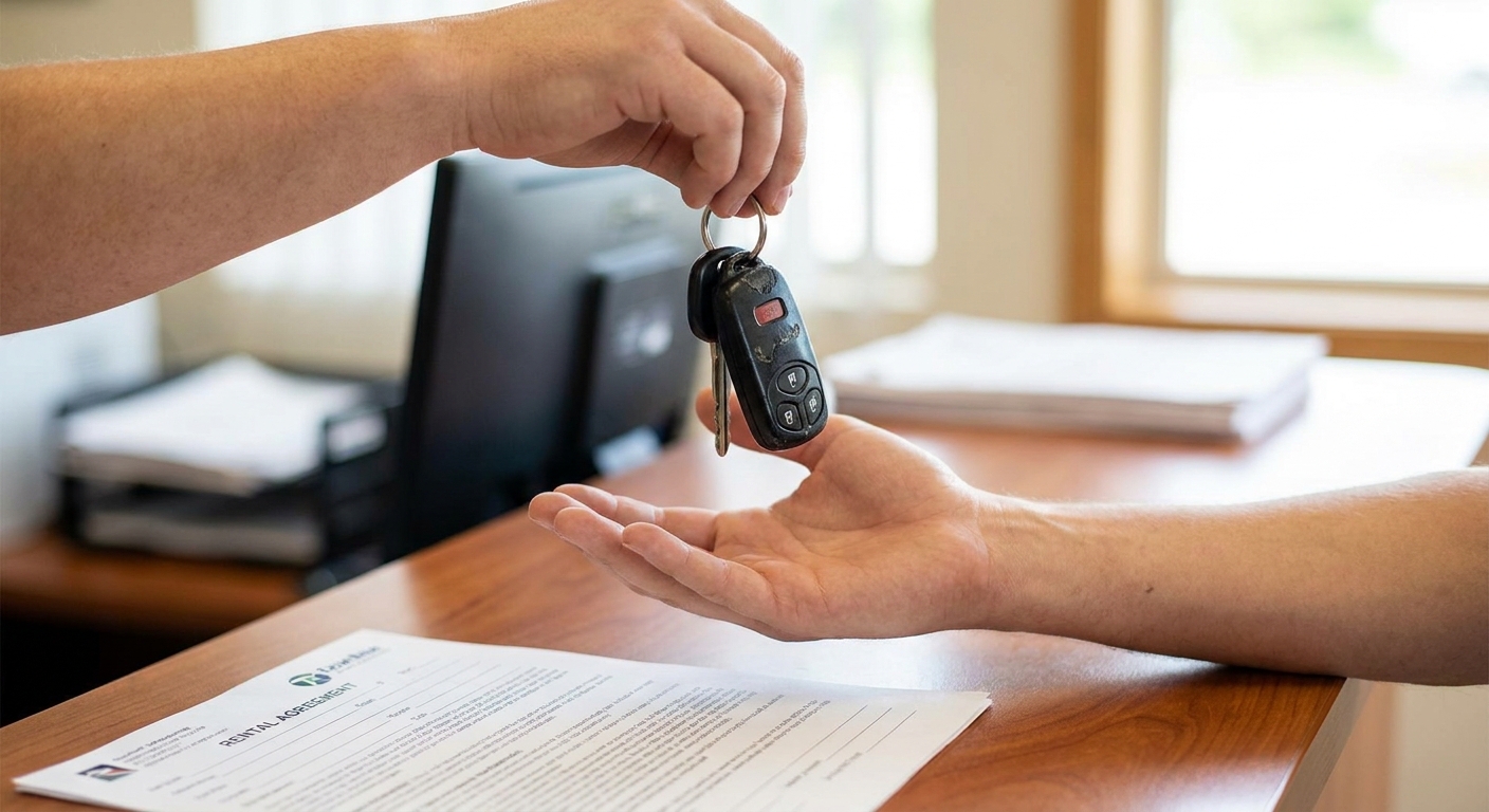 Nahaufnahme einer Autoschlüssel-Übergabe über einem Mietvertrag an einer Mietwagen-Station