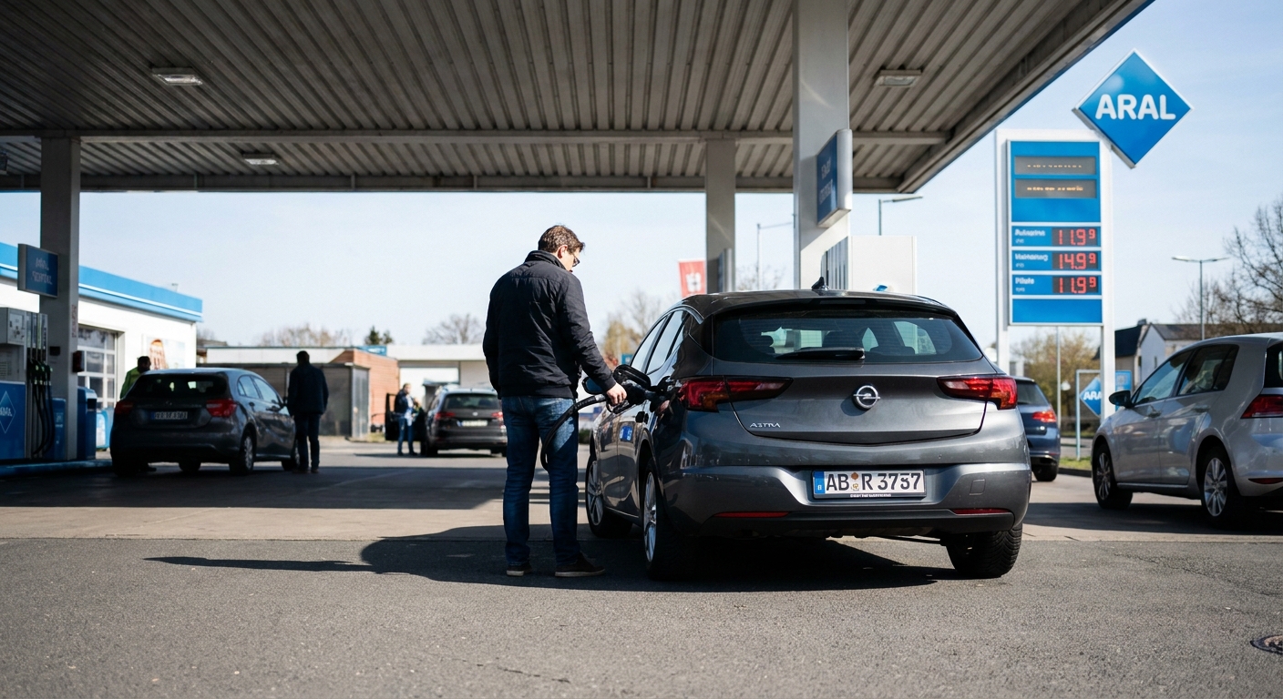 Mann tankt grauen Mietwagen an einer deutschen Tankstelle vor der Rückgabe