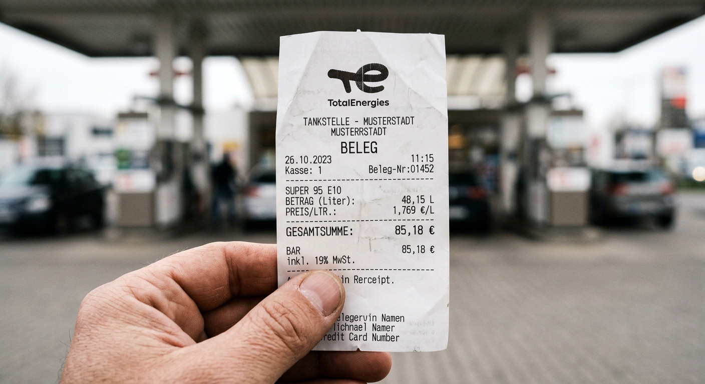 Hand hält Tankquittung von der Tankstelle – wichtiger Nachweis bei Mietwagen-Rückgabe