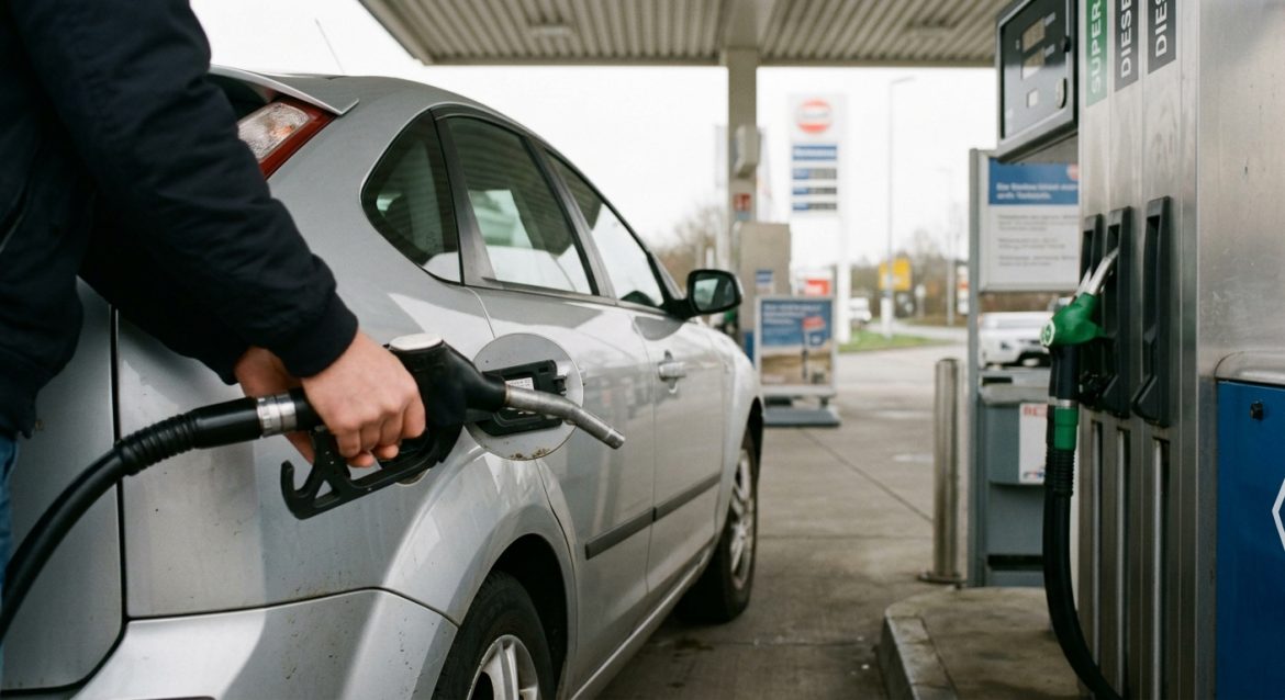 Mietwagen an der Tankstelle: Hand hält Zapfpistole im Tank eines silbernen Mietwagens