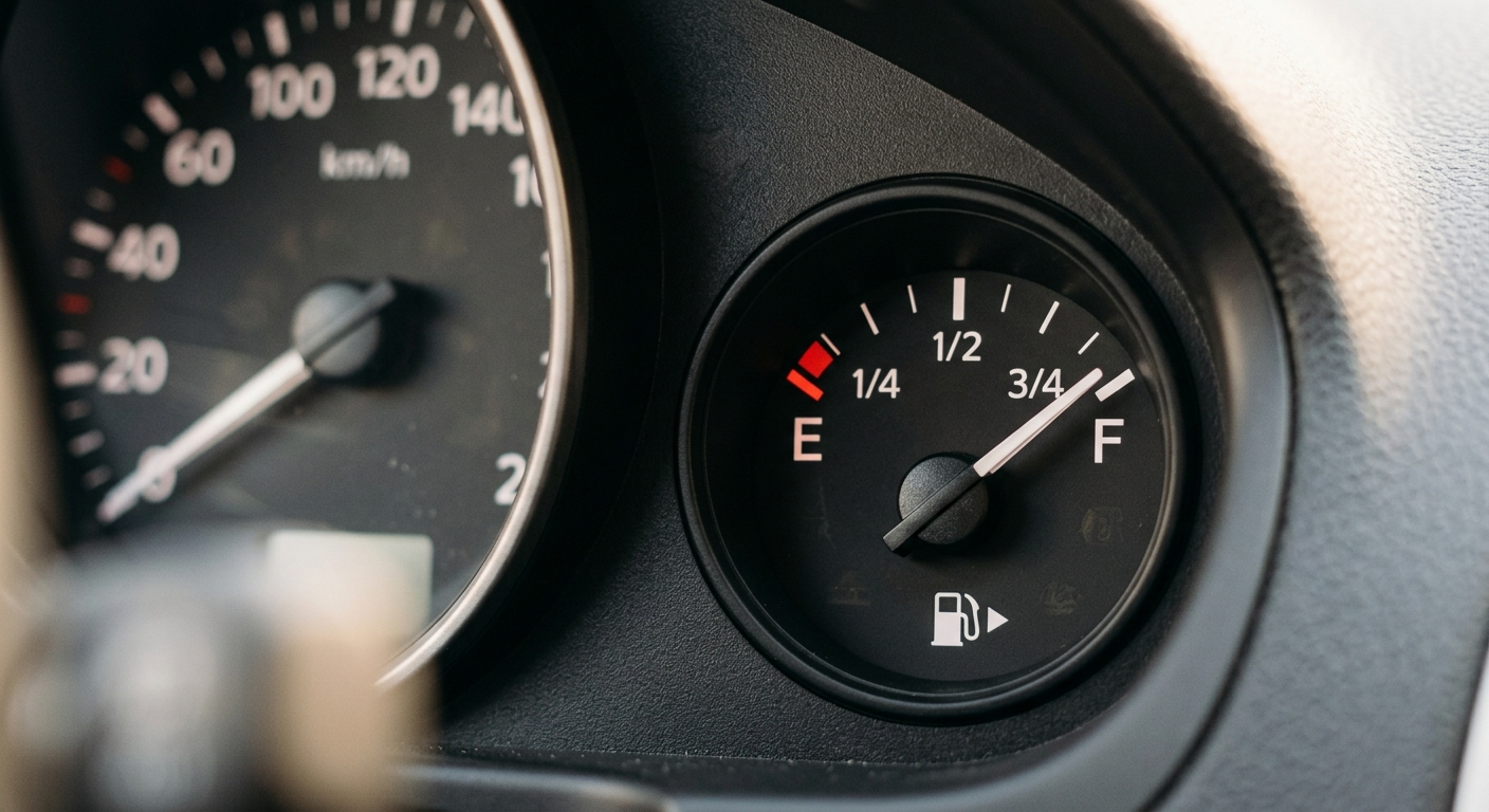 Tankuhr im Mietwagen-Armaturenbrett zeigt vollen Tank – Nadel bei F